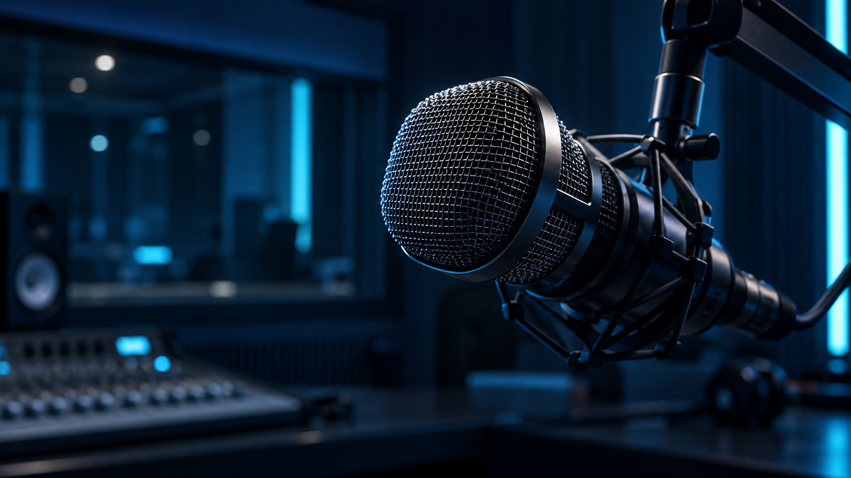 Studio microphone in a blue-lit recording space